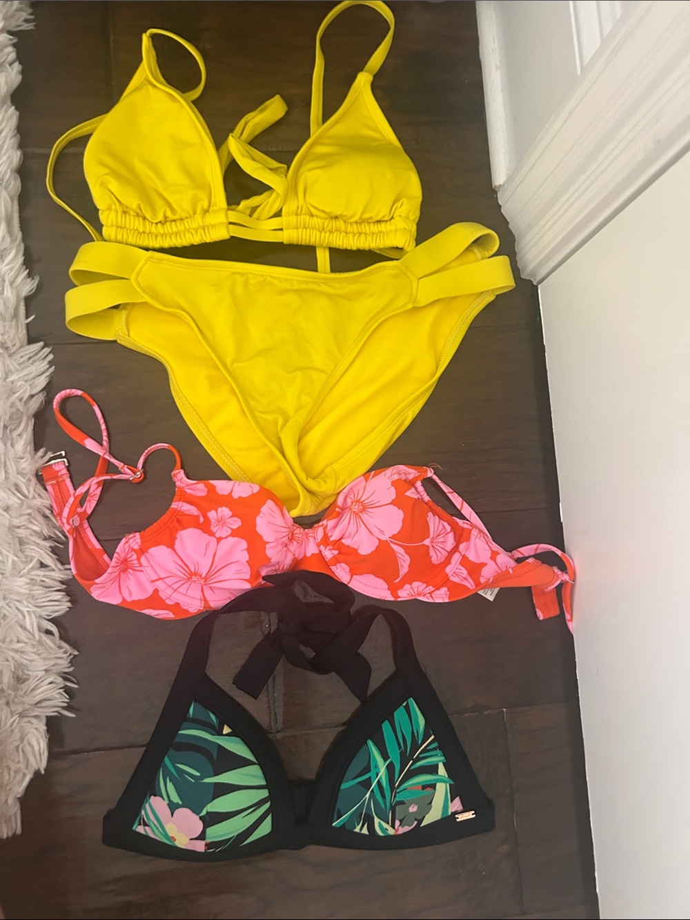 Bright Yellow Cutout Bikini Set + Two Mixed Print Bikini Tops